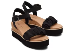 Damen TOMS Plateauschuhe*Diana Ruched Woven Wedge Sandal Schwarz Geruschtes Gewebe